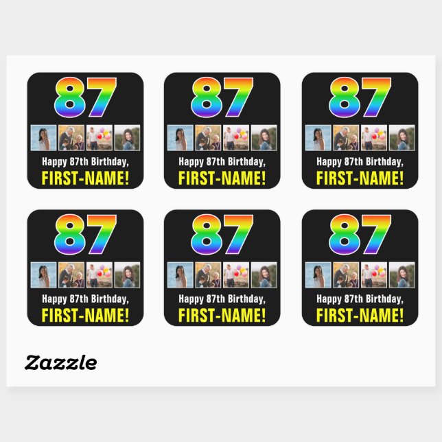 87th Birthday: Rainbow “87”; Custom Photos & Name Square Sticker (Sheet)
