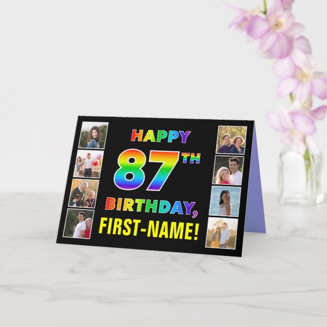 87th Birthday: Rainbow Text, Custom Photos & Name Card (Orchid)