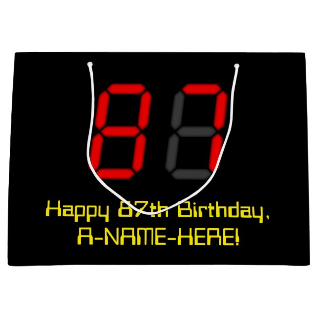 87th Birthday: Red Digital Clock Style "87" + Name Large Gift Bag (Front)