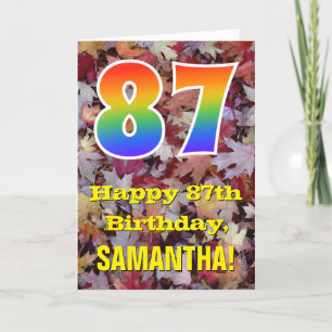87th Birthday; Rustic Autumn Leaves; Rainbow "87" Card
