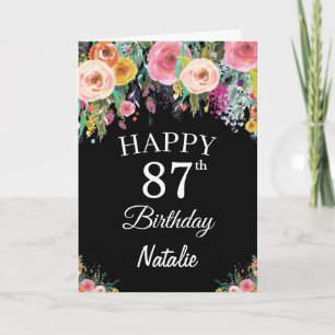 87th Birthday Watercolor Floral Flowers Black Card