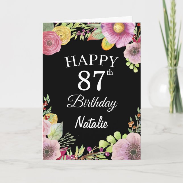 87th Birthday Watercolor Floral Flowers Black Card (Front)