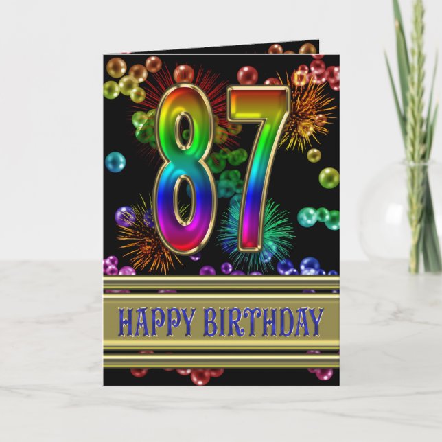 87th Birthday with rainbow bubbles and fireworks Card (Front)