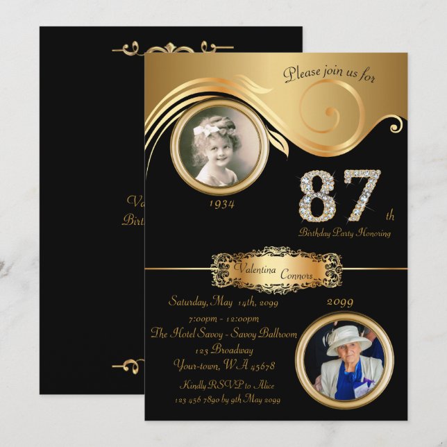 87th,Birthday Woman 87th,elegant art deco,black Invitation (Front/Back)