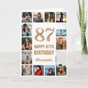 87th Happy Birthday Gold and White Photo Collage Card