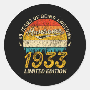 88 Year Old Bday 1933 Awesome Since 88th Birthday Classic Round Sticker