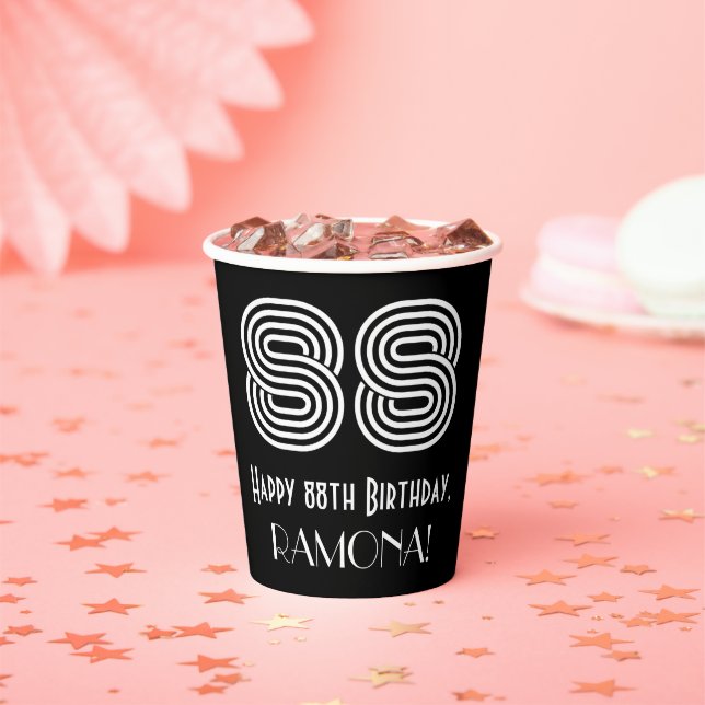 88th Birthday — Art Deco Inspired Look “88” + Name Paper Cups (Insitu)