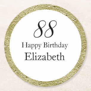 88th Birthday Black White and Gold Round Paper Coaster
