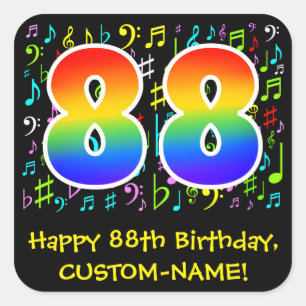 88th Birthday: Colorful Music Symbols, Rainbow 88 Square Sticker