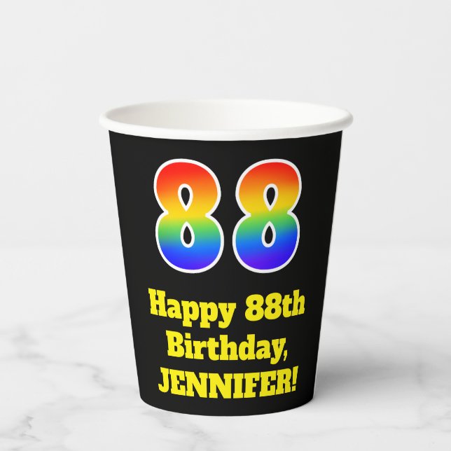 88th Birthday: Colourful, Fun, Exciting, Rainbow 8 Paper Cups (Back)