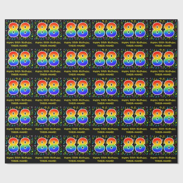 88th Birthday: Colourful Music Symbols, Rainbow 88 Wrapping Paper (Flat)
