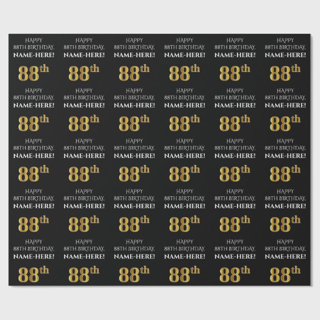 88th Birthday: Elegant, Black, Faux Gold Look Wrapping Paper (Flat)