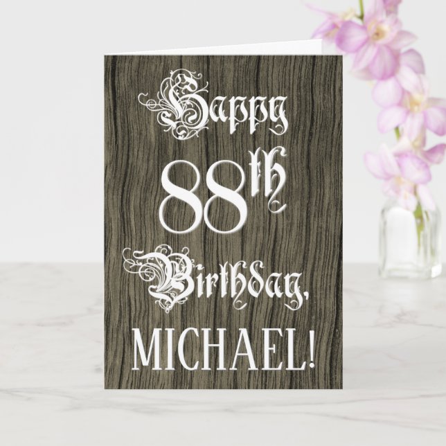 88th Birthday: Fancy, Elegant Text; Faux Wood Look Card (Orchid)