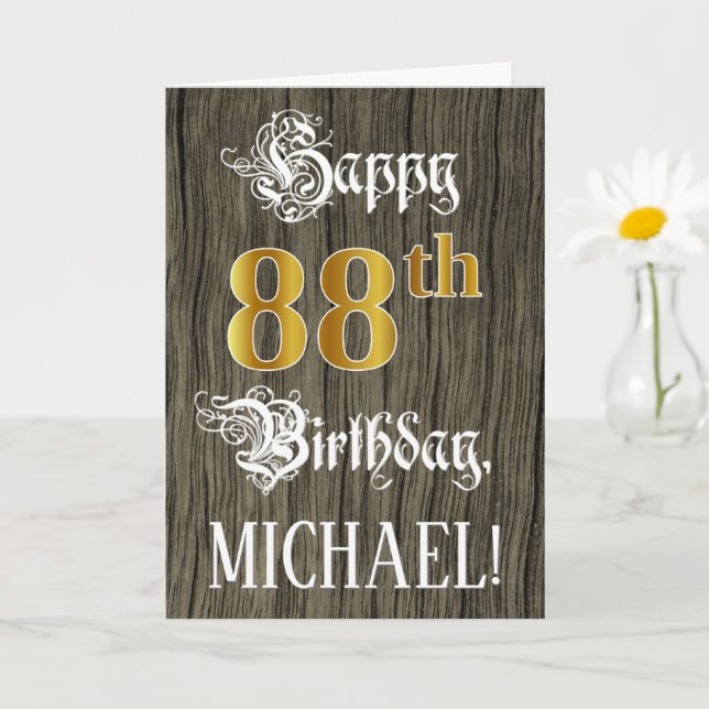 88th Birthday: Faux Gold Look + Faux Wood Pattern Card (Small Plant)