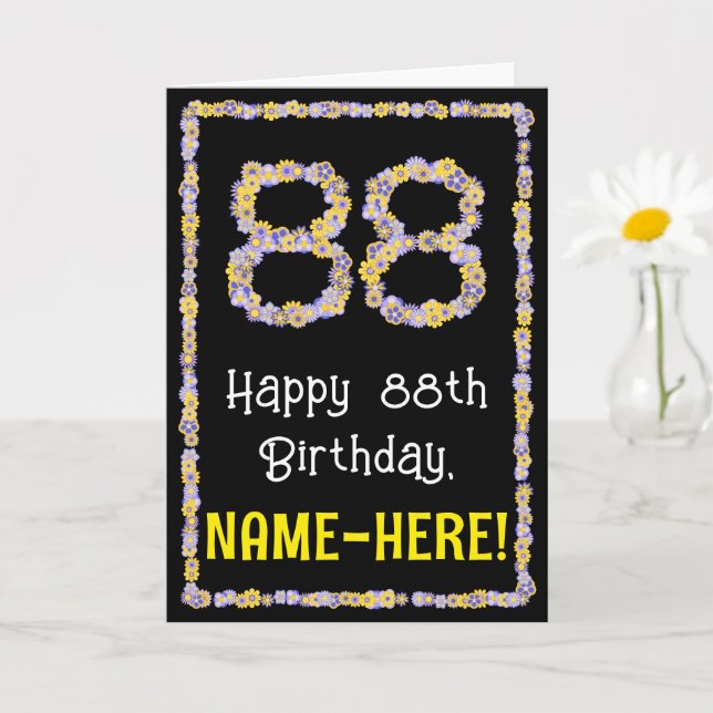 88th Birthday: Floral Flowers Number, Custom Name Card (Small Plant)