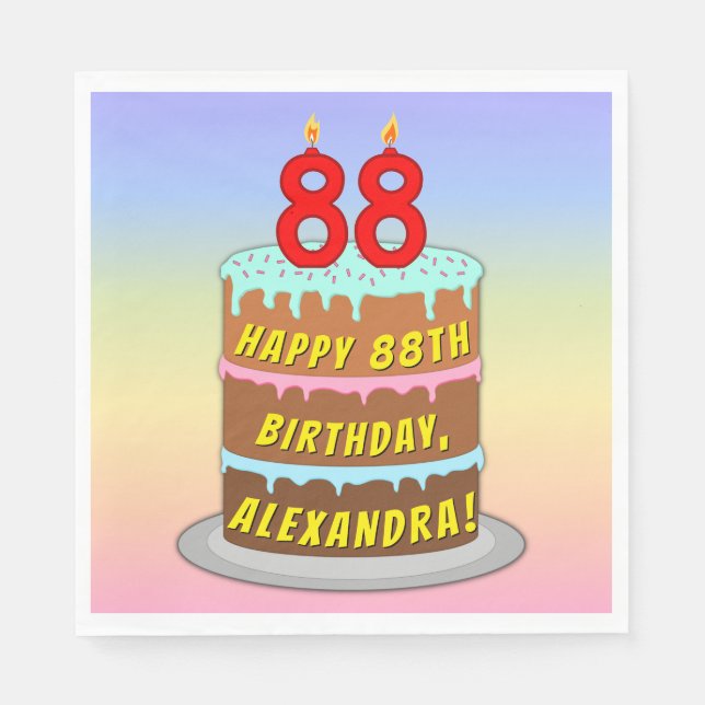 88th Birthday: Fun Cake and Candles + Custom Name Napkin (Front)