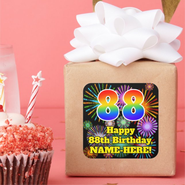 88th Birthday: Fun Fireworks Look, Rainbow # 88 Square Sticker (Party)