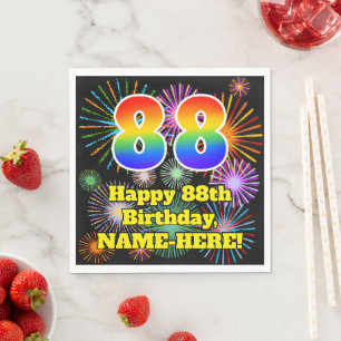 88th Birthday: Fun Fireworks Pattern + Rainbow 88 Napkin