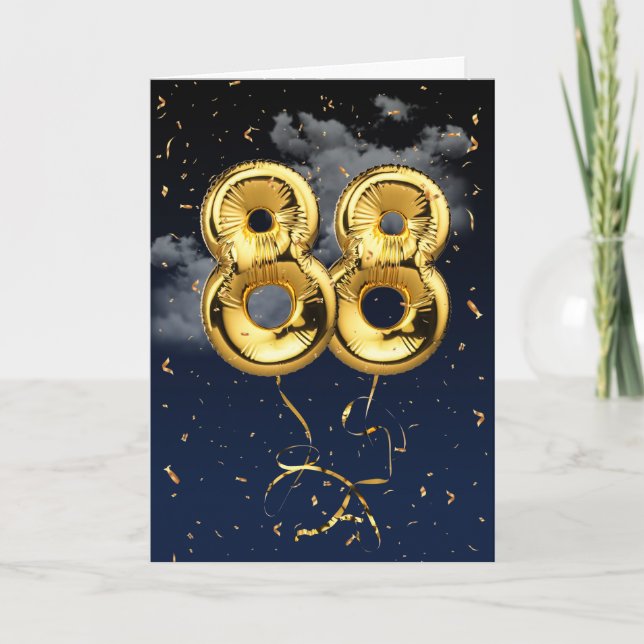 88th Birthday Gold Mylar Balloon and Confetti Card (Front)