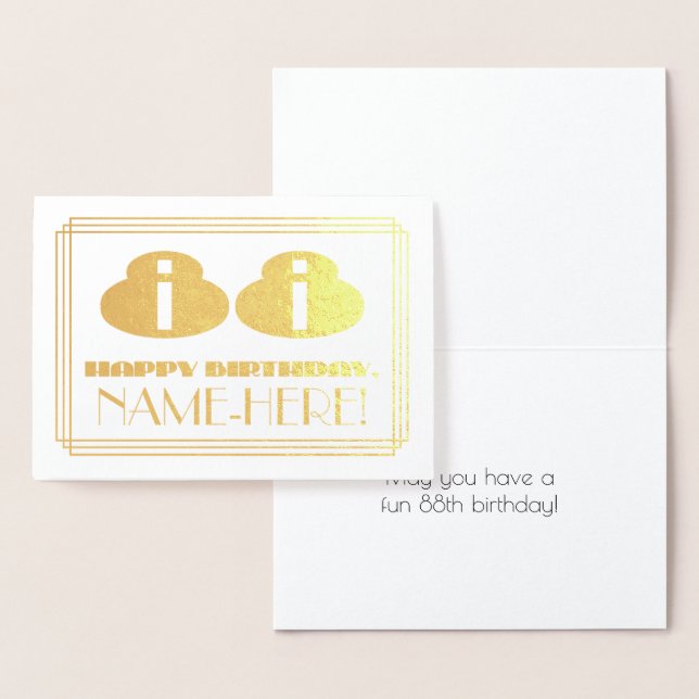 88th Birthday; Name + Art Deco Inspired Look "88" Foil Card (Display)