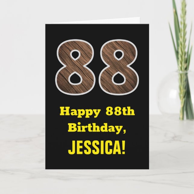 88th Birthday: Name, Faux Wood Grain Pattern "88" Card (Front)