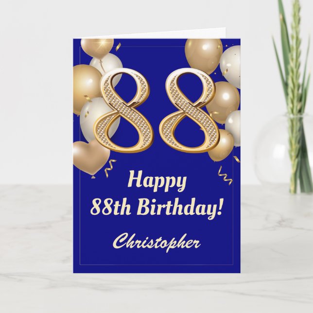88th Birthday Navy Blue and Gold Balloons Confetti Card (Front)
