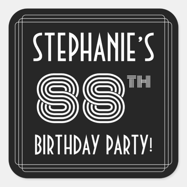 88th Birthday Party: Art Deco Style & Custom Name Square Sticker (Front)