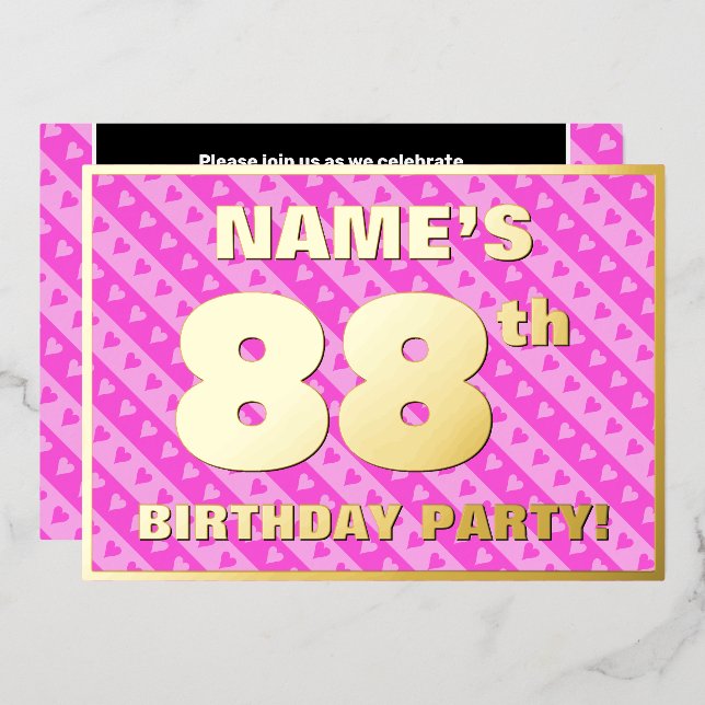 88th Birthday Party — Fun Pink Hearts and Stripes (Front/Back)