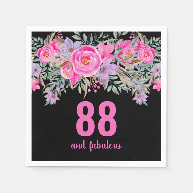 88th birthday pink black floral party napkins (Front)