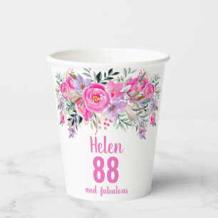 88th birthday pink floral paper cups