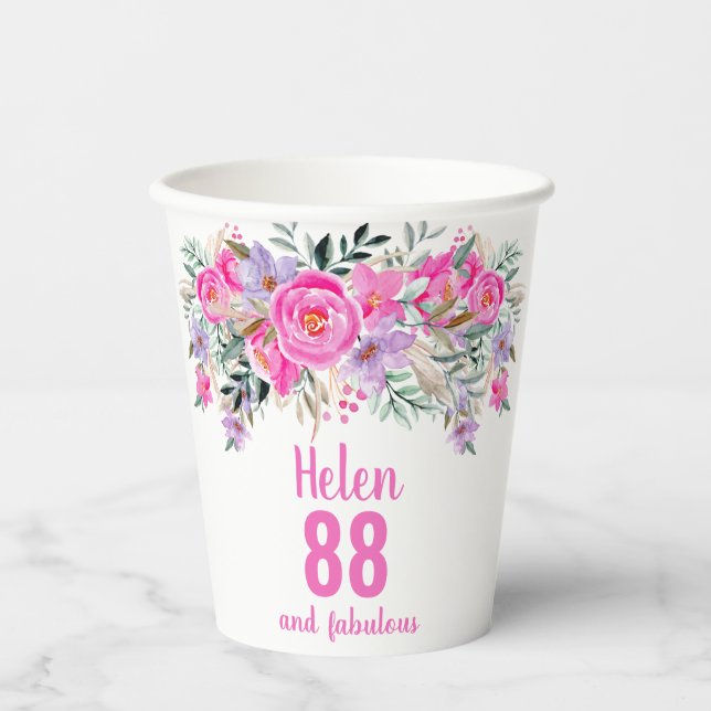 88th birthday pink floral paper cups (Front)