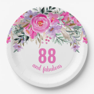 88th birthday pink floral  paper plate