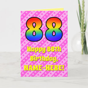 88th Birthday: Pink Stripes & Hearts, Rainbow # 88 Card