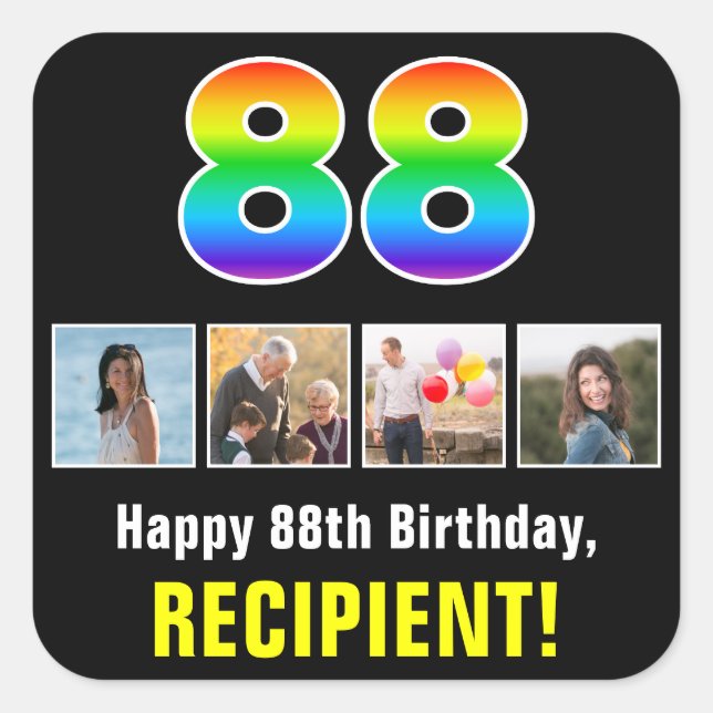 88th Birthday: Rainbow “88”; Custom Photos & Name Square Sticker (Front)