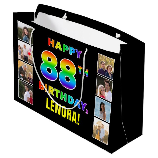 88th Birthday: Rainbow Text, Custom Photos & Name Large Gift Bag (Back Angled)