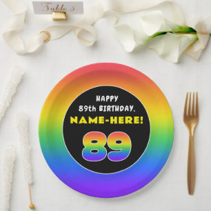 89th Birthday: Colourful Rainbow # 89, Custom Name Paper Plate