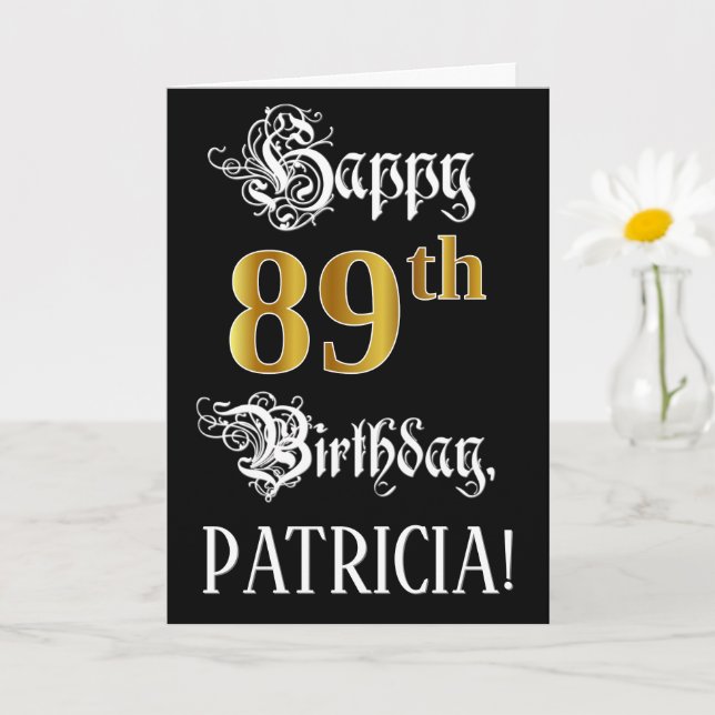 89th Birthday — Fancy Script; Faux Gold Look; Name Card (Small Plant)
