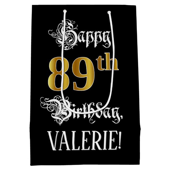 89th Birthday ~ Fancy Script; Faux Gold Look; Name Medium Gift Bag (Back)