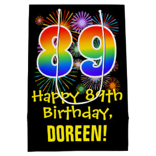 89th Birthday: Fun Fireworks Pattern + Rainbow 89 Medium Gift Bag