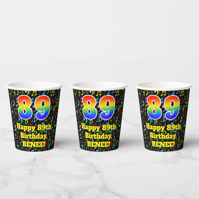 89th Birthday: Fun Music Notes Pattern, Rainbow 89 Paper Cups (Multi)