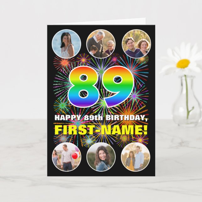 89th Birthday: Fun Rainbow #, Custom Name & Photos Card (Small Plant)