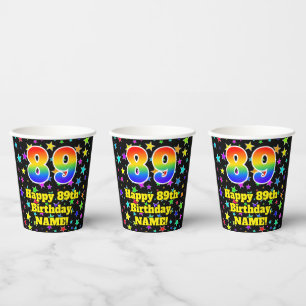 89th Birthday: Fun Stars Pattern and Rainbow 89 Paper Cups