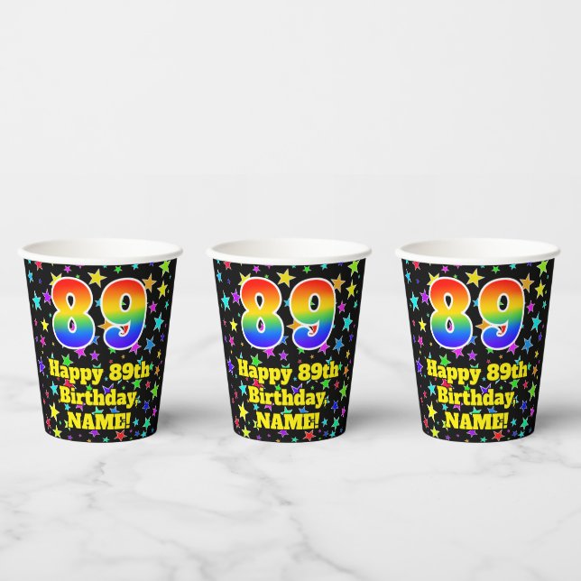89th Birthday: Fun Stars Pattern and Rainbow 89 Paper Cups (Multi)