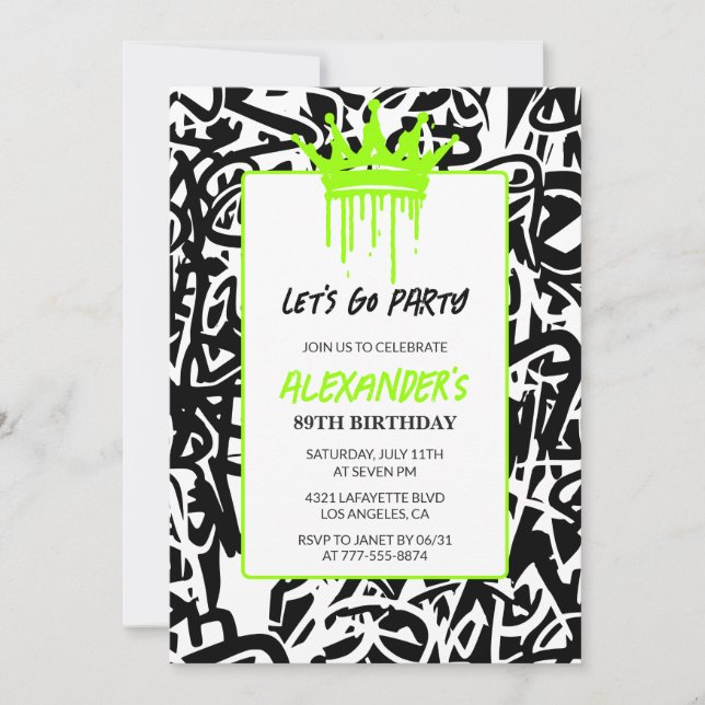 89th birthday invitations Men Party Graffiti Crown (Front)