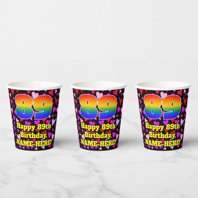 89th Birthday: Loving Hearts Pattern, Rainbow 89 Paper Cups (Multi)