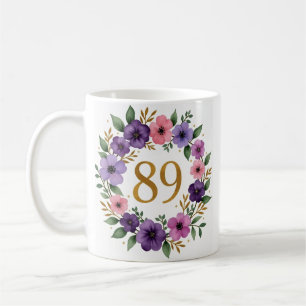 89th Birthday Mug – Floral Wreath with Gold Number