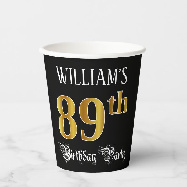 89th Birthday Party — Fancy Script, Faux Gold Look Paper Cups (Front)