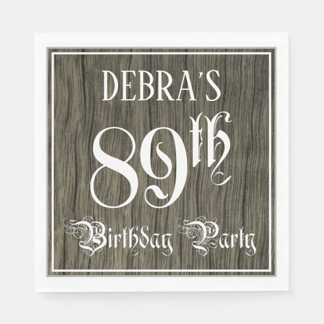 89th Birthday Party — Fancy Script, Faux Wood Look Napkin (Front)