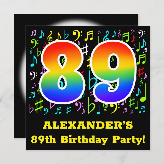89th Birthday Party: Fun Music Symbols, Rainbow 89 Invitation (Front/Back)