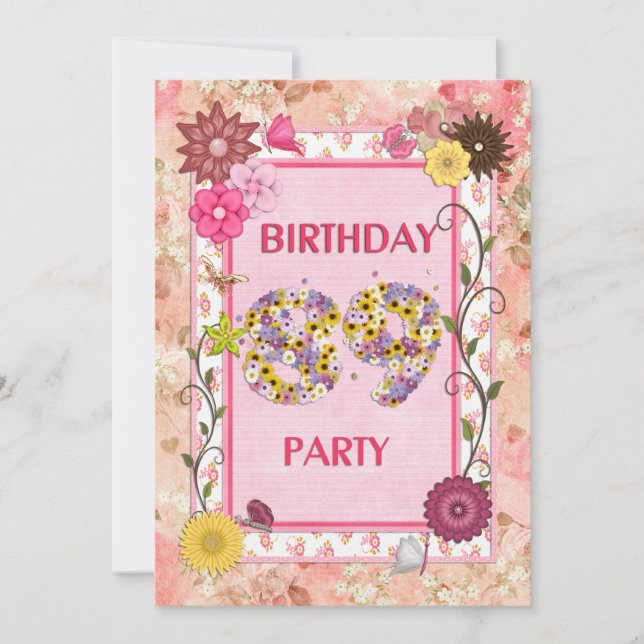 89th birthday party invitation with floral frame (Front)